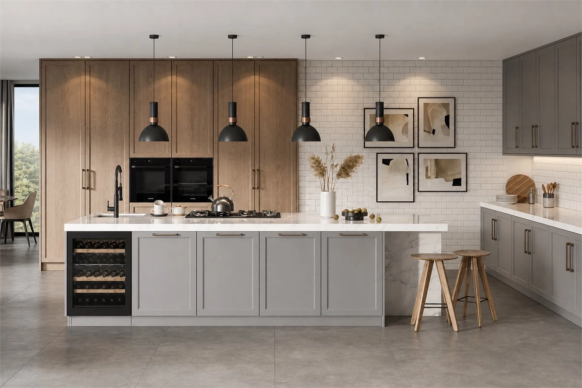 L-Shaped Integrated Kitchen with White Stone L-shaped integrated kitchen design with white stone countertops