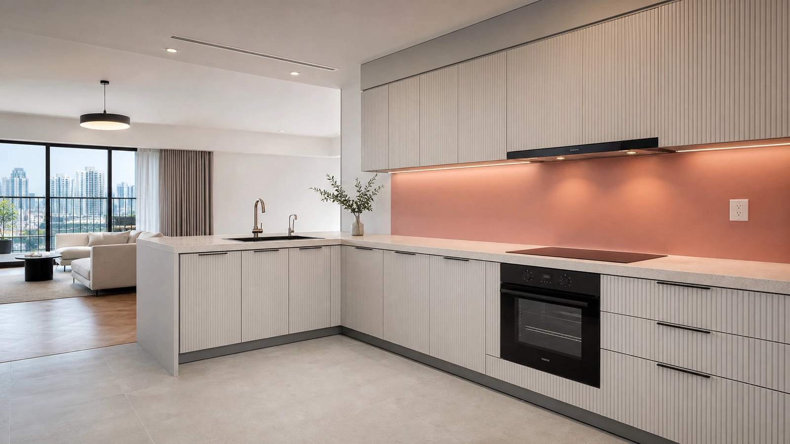 Study area with upper cabinets and open visual space in the Ho Chi Minh City apartment