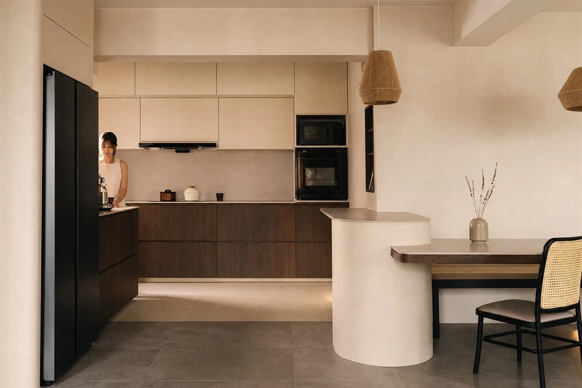 Large-format marble slab with continuous pattern for a luxury kitchen