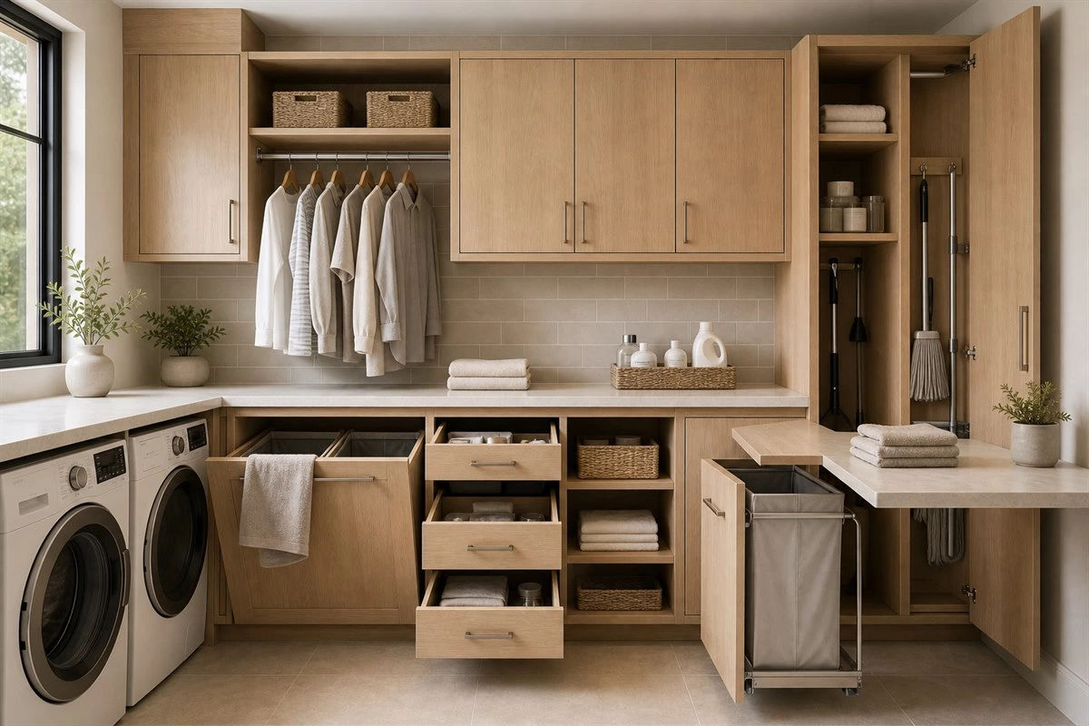 laundry room cabinet storage with pull out hampers shelves and countertop