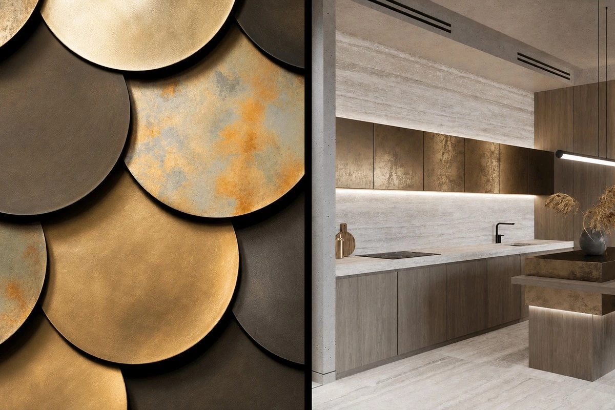 Liquid metal finish used on an architectural millwork wall panel