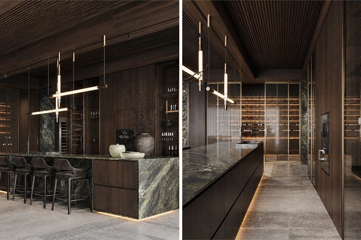 Luxury eat-in kitchen with spacious dining island, walk-in wine storage and layered lighting