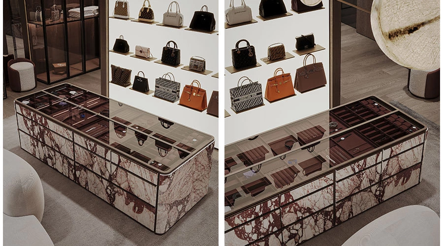 Concealed lighting and glass display in a luxury stone closet