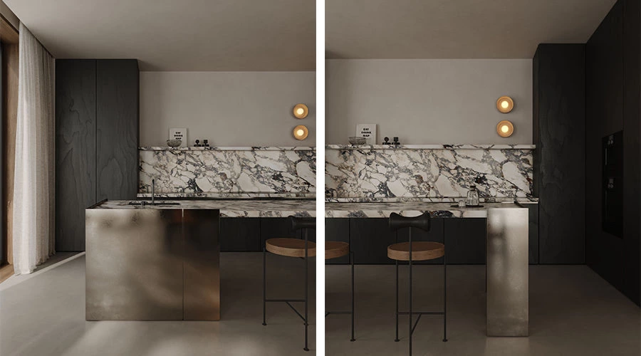 Glass cabinet and dark wood detail in a metallic lacquer kitchen