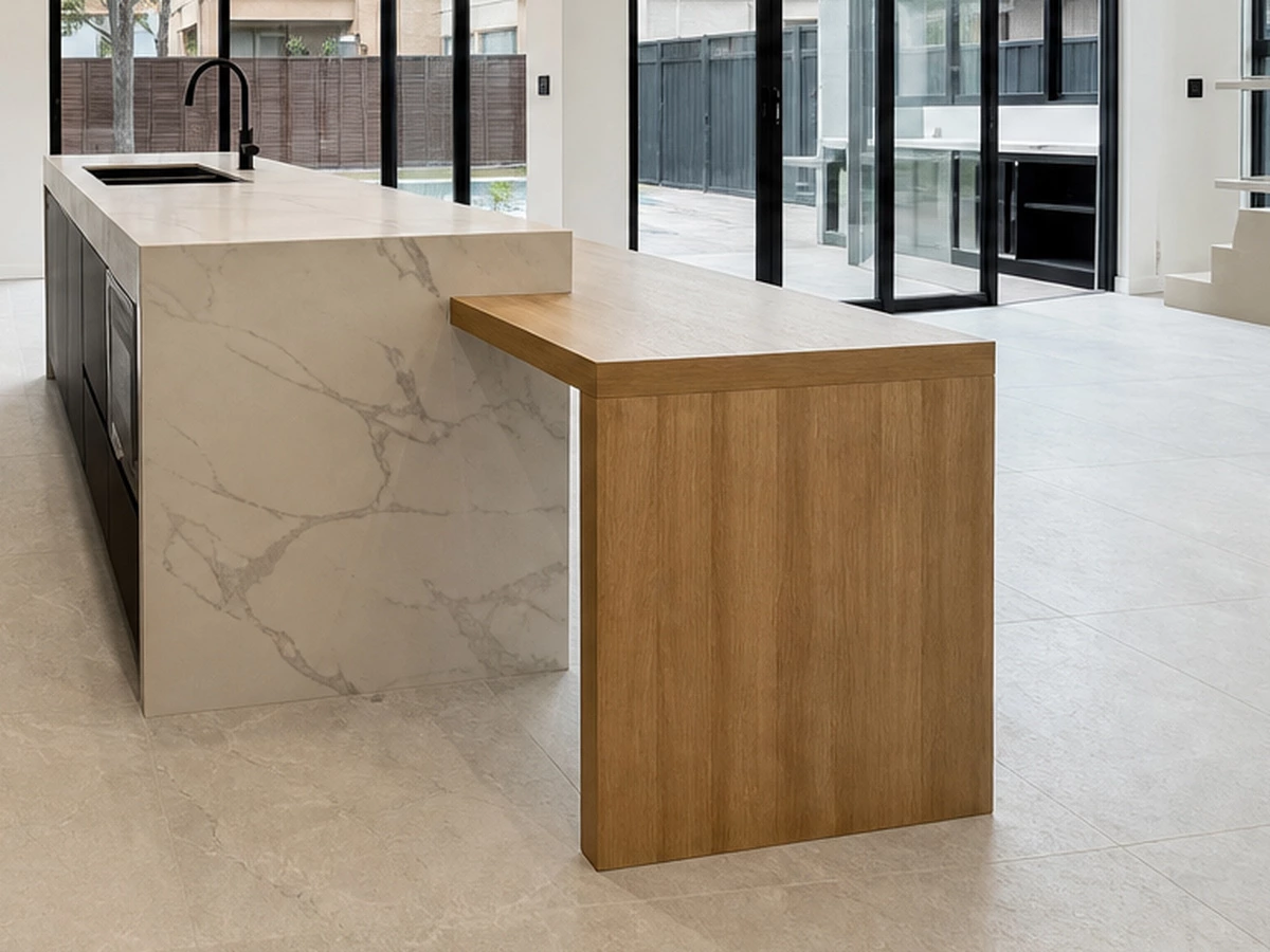 Sintered stone countertop and timber island table extension detail