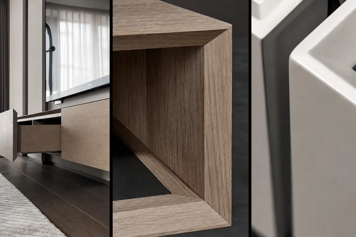 Miter joint custom cabinet detail with precise angled panel alignment