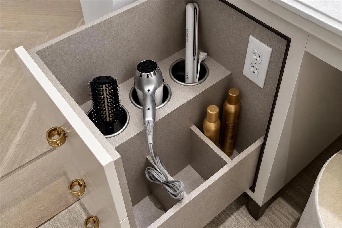Modular bathroom vanity drawer inserts for grooming tools