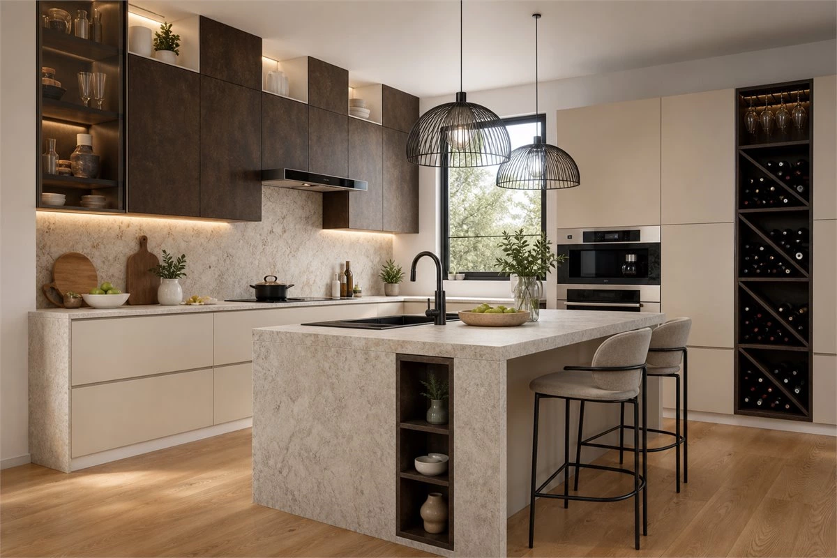 Multifunctional kitchen island with concealed storage and bar seating