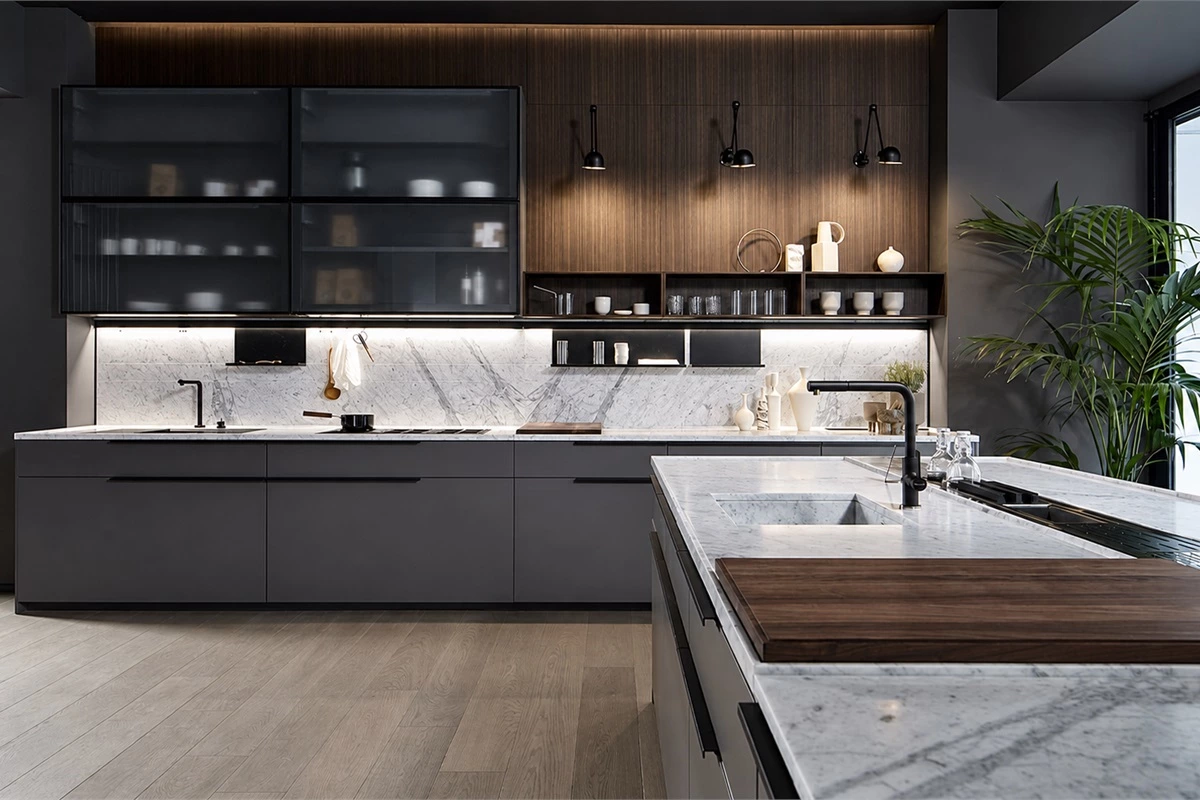 Open and airy modern kitchen with natural light and glass cabinet doors