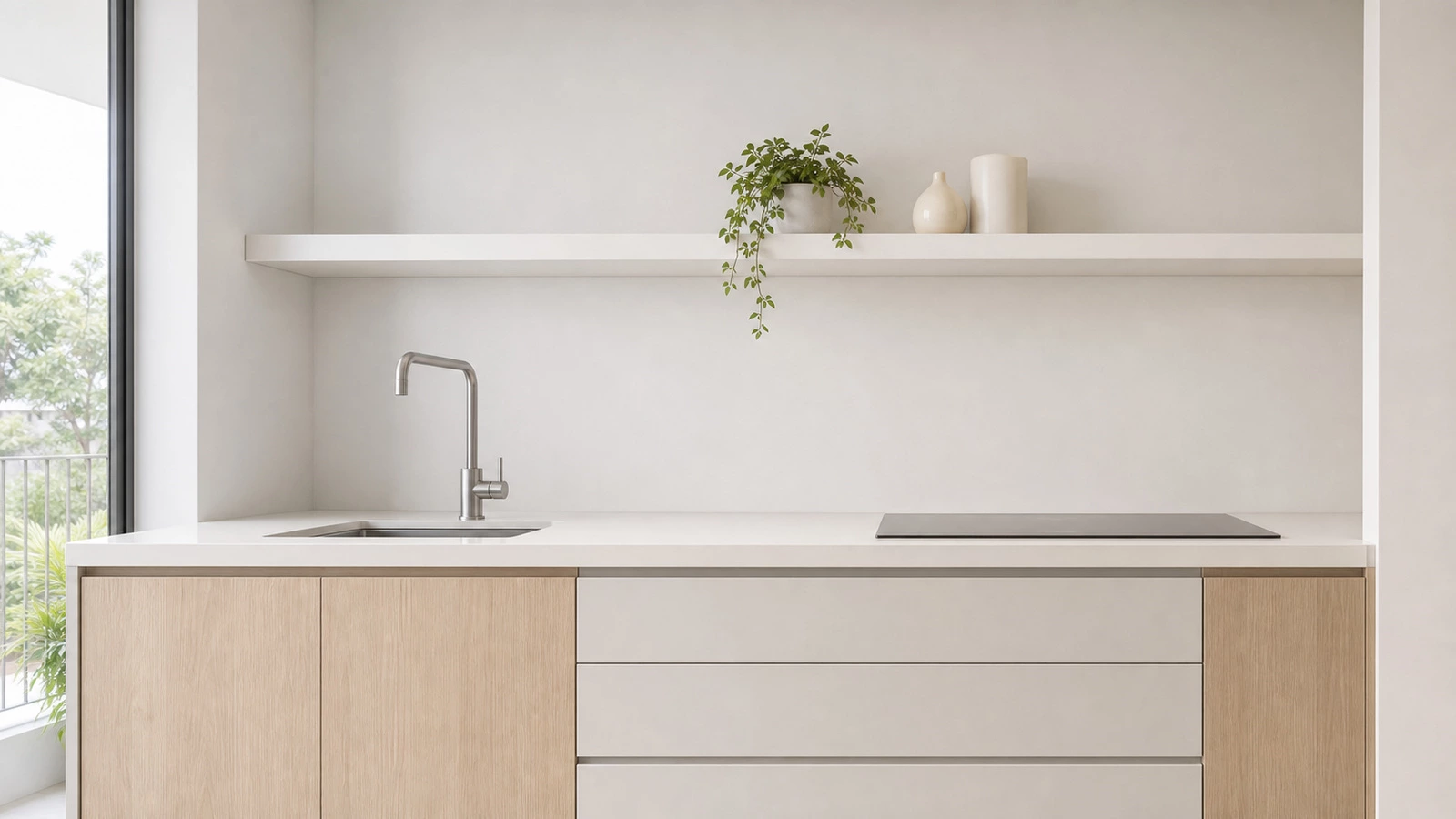 Light wood kitchen base with a fixed open shelf instead of upper cabinets