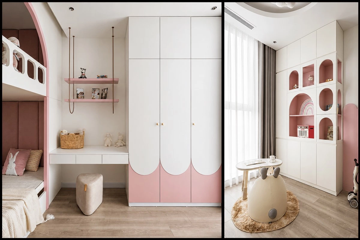 Pink and white kids bedroom set with toy display storage