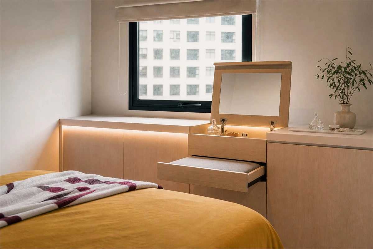 Custom pop-up dresser with hidden mirror and integrated lighting