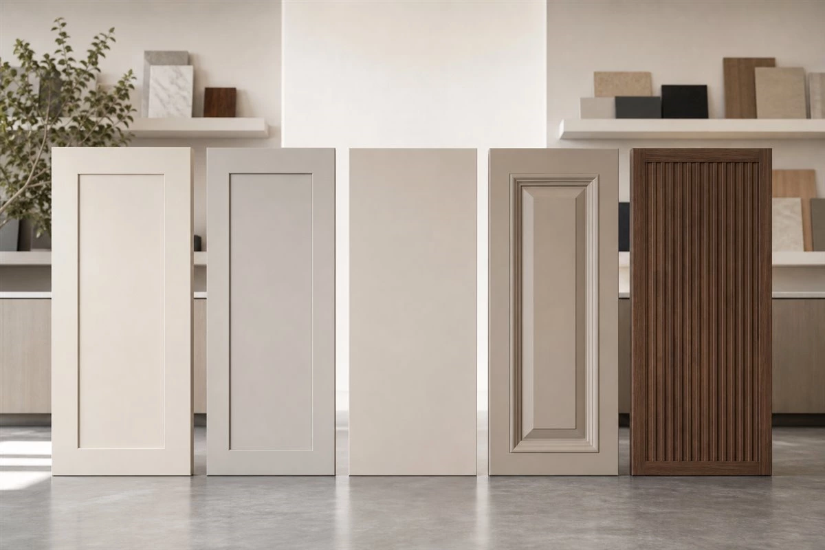 Comparison of Shaker slab raised panel and fluted kitchen cabinet door styles