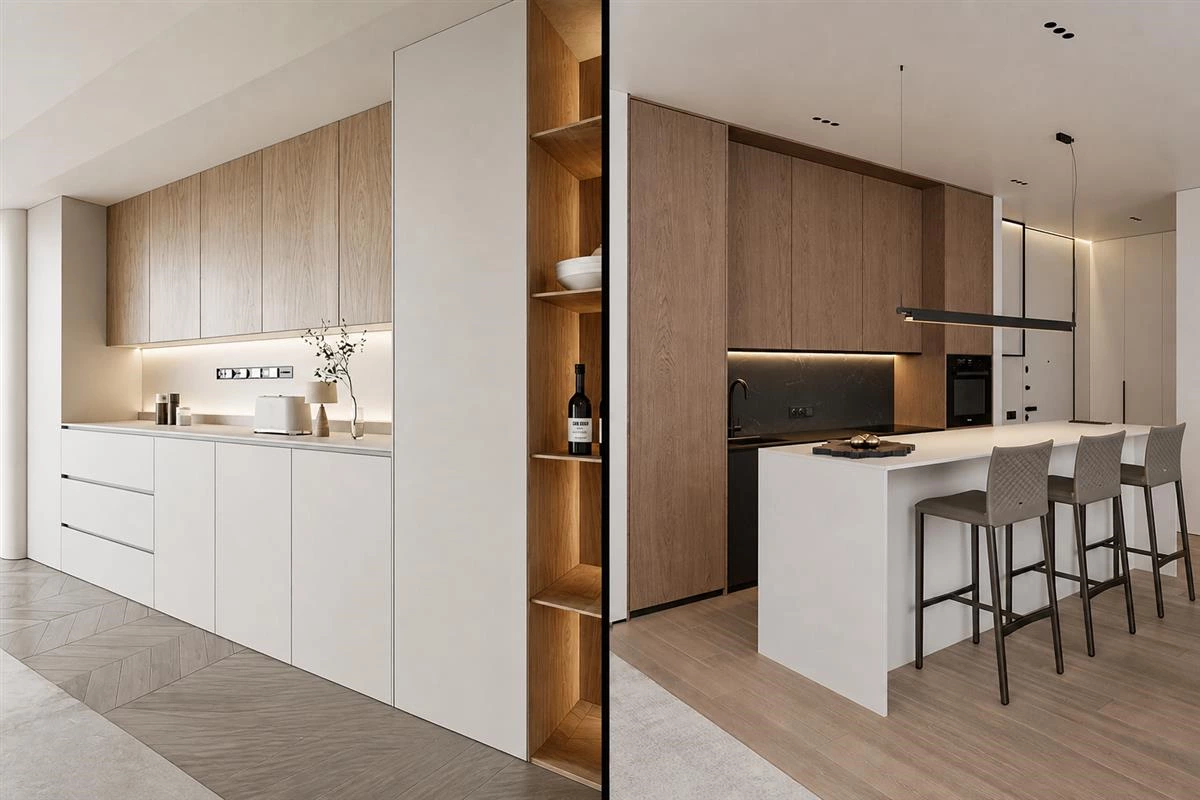 Push and pull cabinet design with staggered storage depths