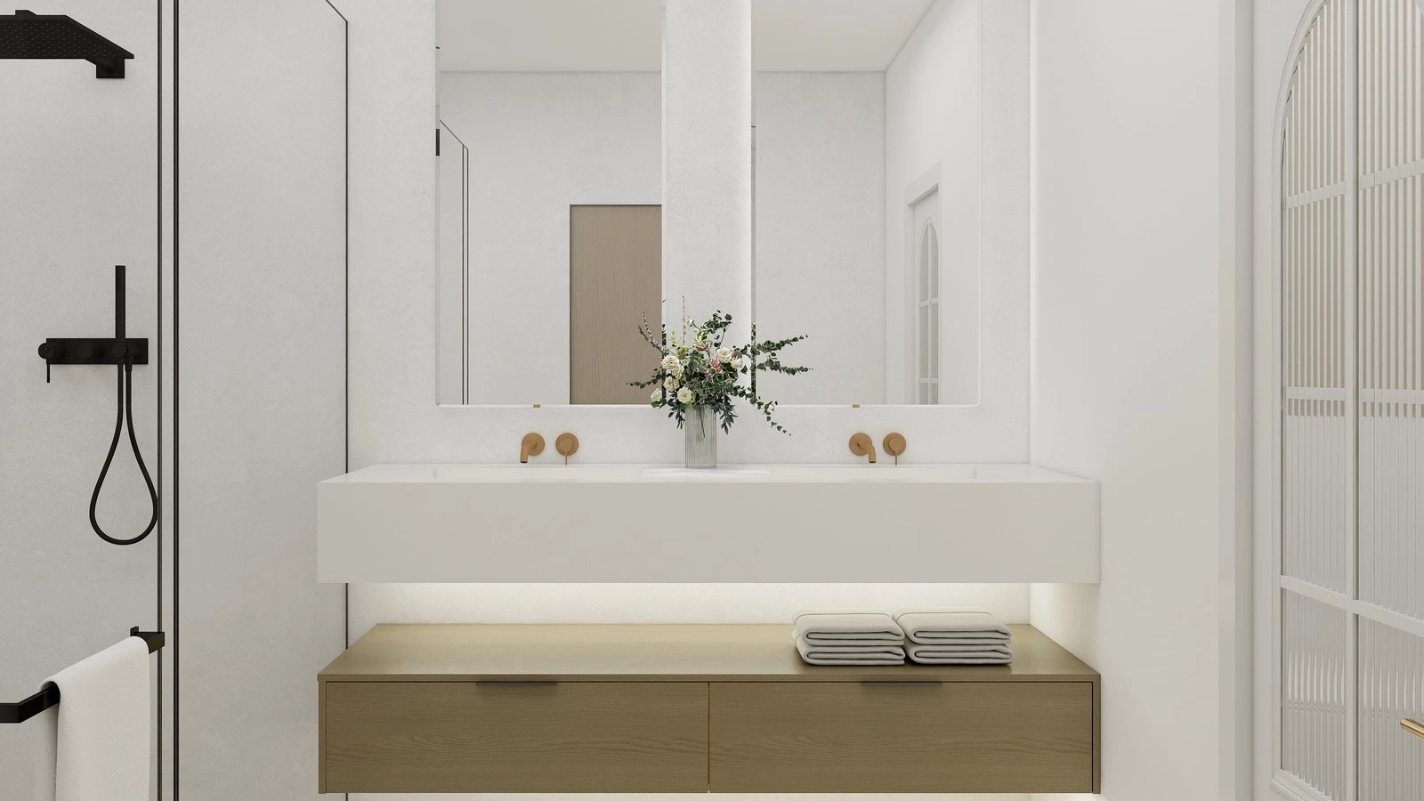 Resort bathroom vanity with stone surface and integrated mirror