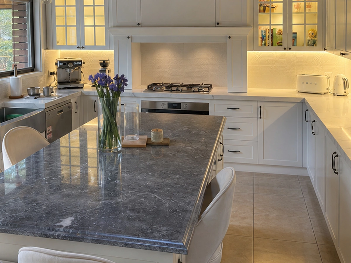 Mixed stone countertop detail beside a Shaker kitchen island