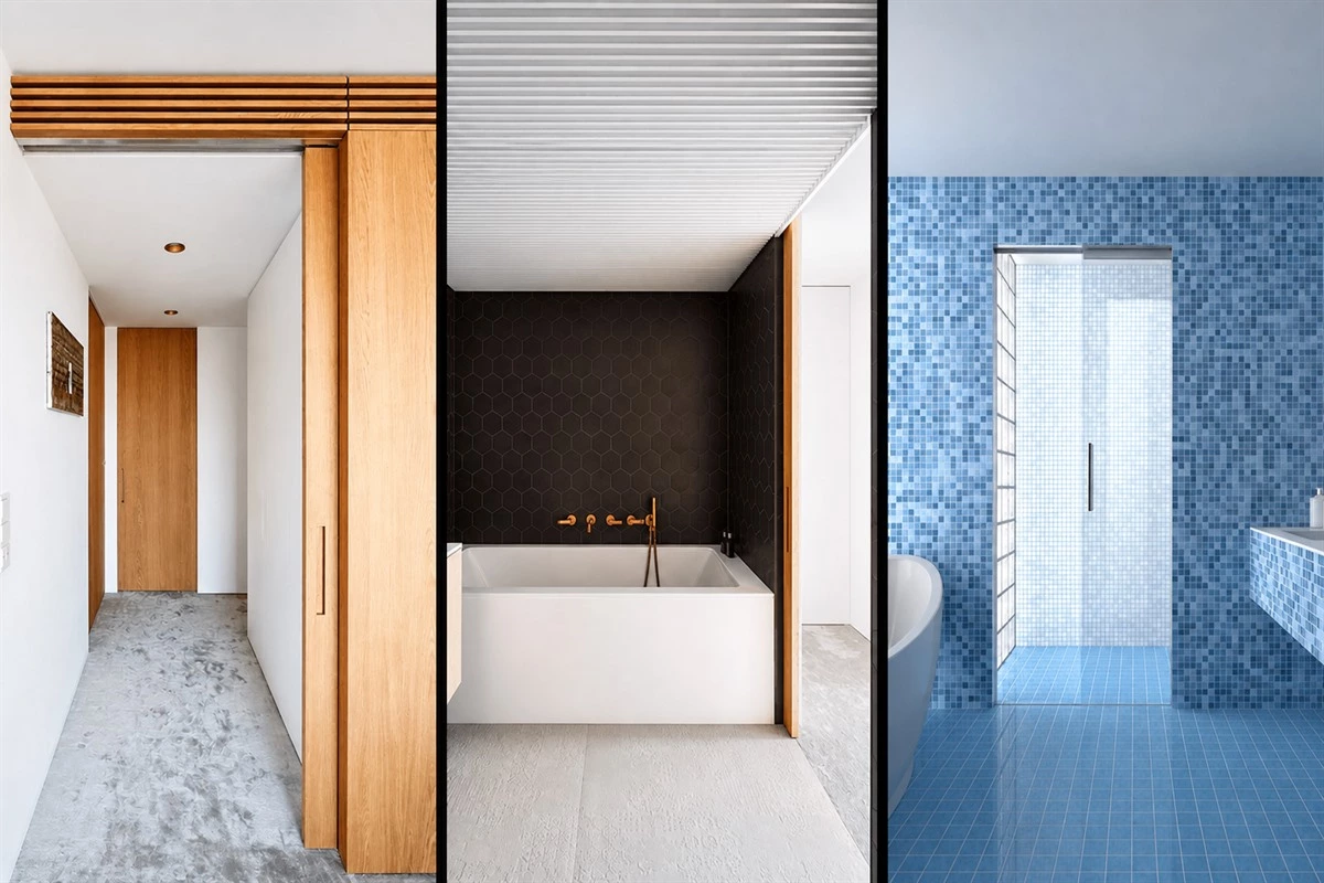 Space-saving pocket door for a compact interior room
