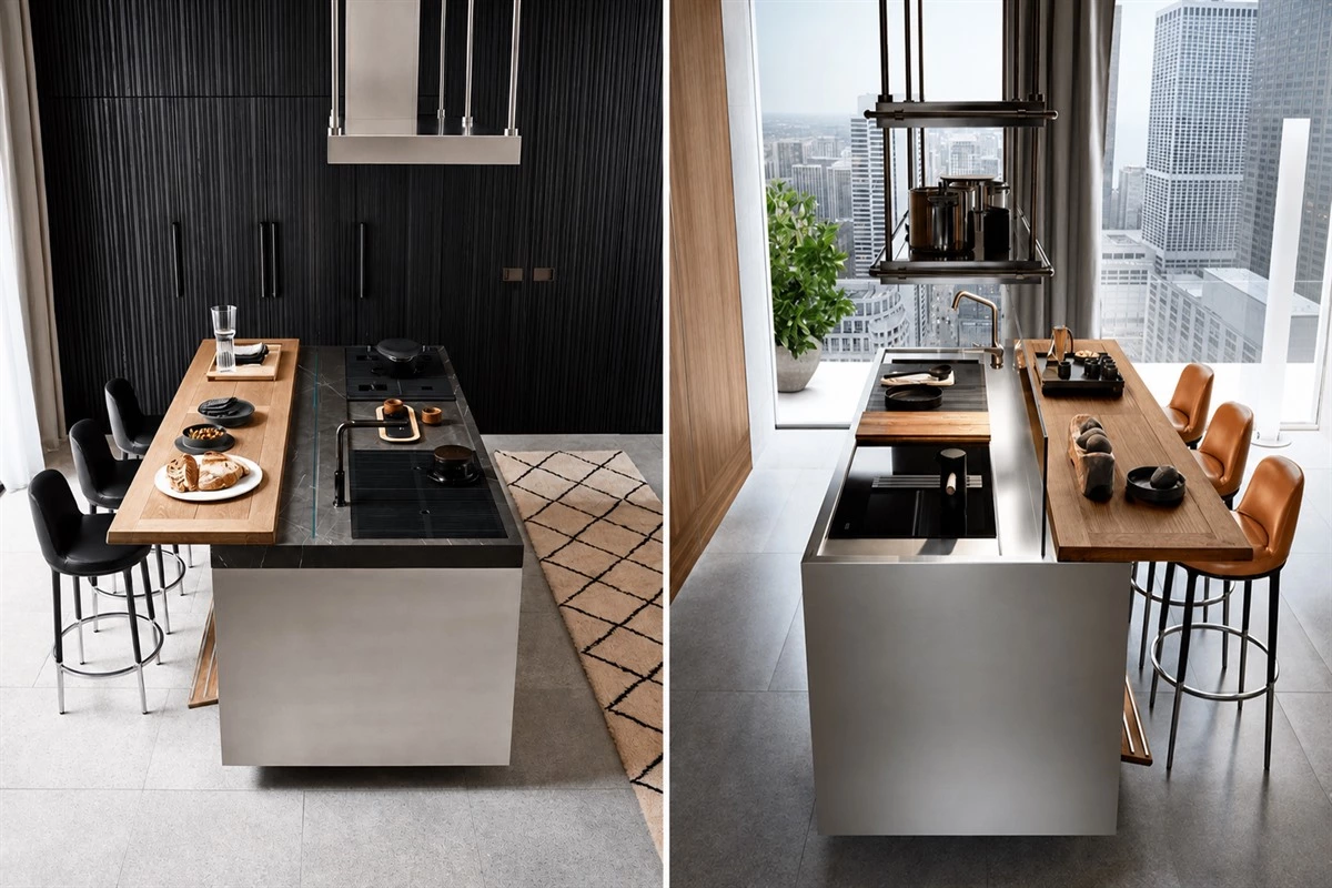 Stainless steel countertop with integrated induction cooktop and sink