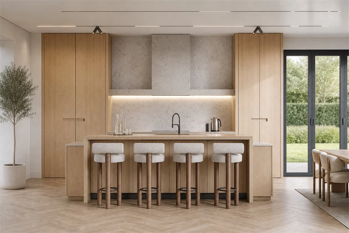 Symmetrical wood kitchen diner with integrated cabinet doors