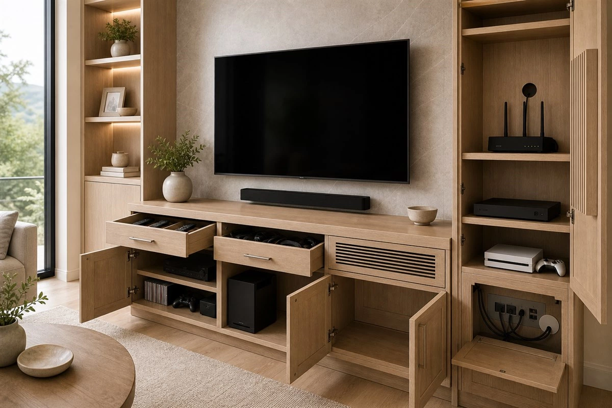 custom TV wall cabinet storage with drawers shelves and hidden wiring