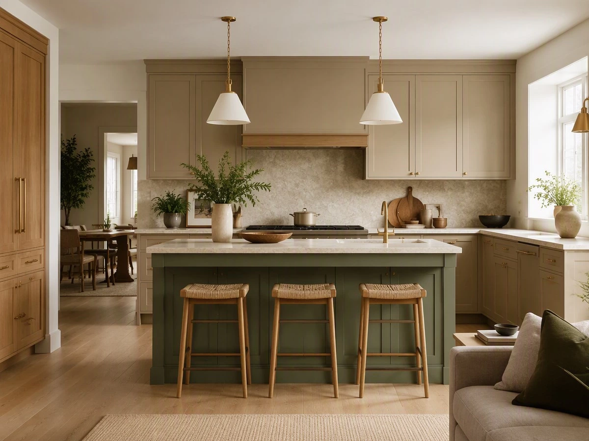 Two-tone kitchen cabinet color trend with earth-tone island and warm neutral cabinets