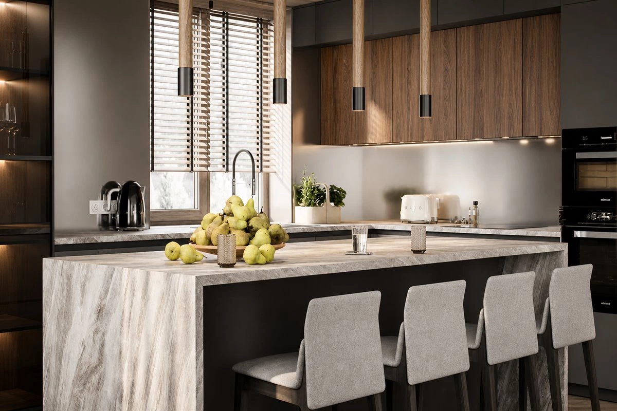 Walnut and black L-shaped modern kitchen Walnut L-shaped modern kitchen with black and white cabinets and sintered stone