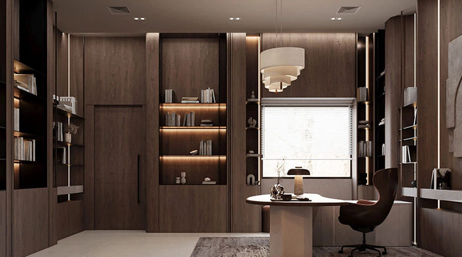 Wood study design with full-height bookshelf, glass cabinets and lower drawers