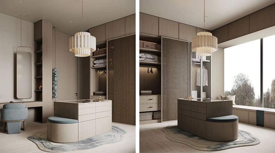Natural wood walk-in closet with glass cabinets and vanity detail