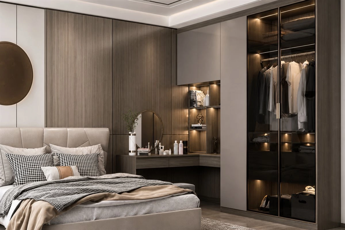 Bedroom wall cabinet design integrated with wardrobe and dressing table