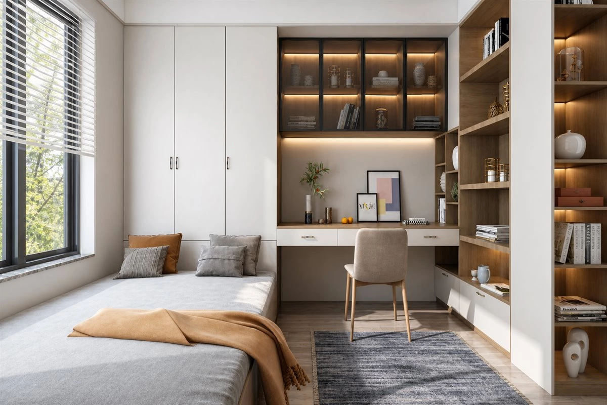 Custom bedroom wardrobe with integrated desk and display shelves