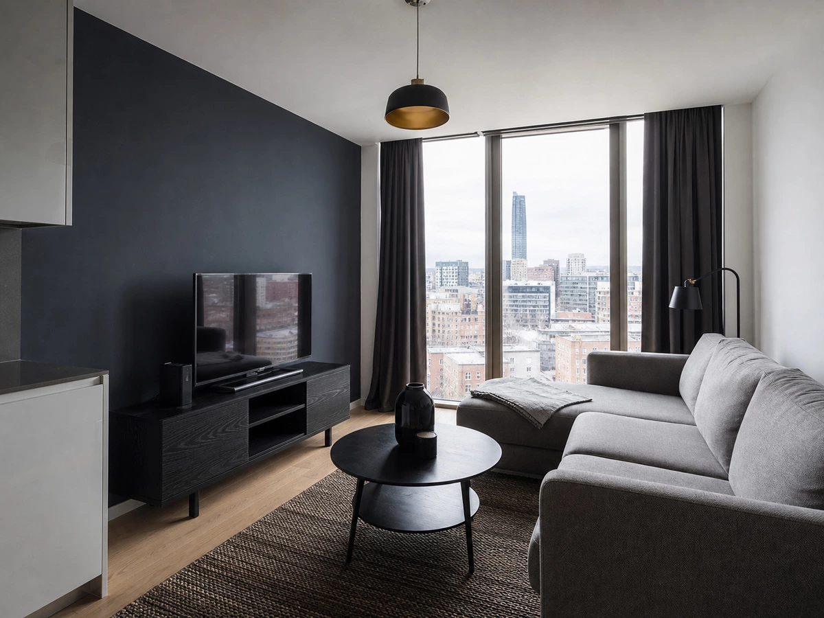 Black wooden TV cabinet in the Birmingham apartment living area