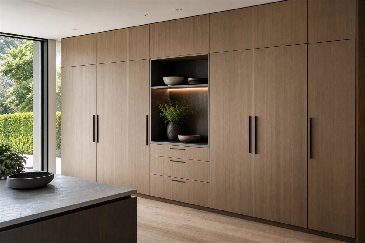 Built-in kitchen storage cabinets integrated into a modern custom kitchen design
