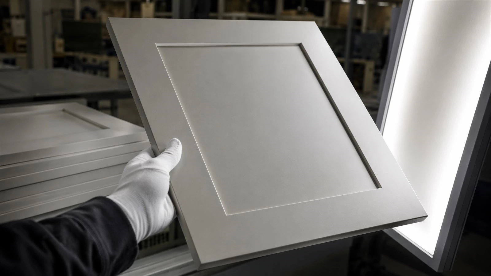 Cabinet door finish inspection under angled light showing color, sheen, edge alignment, and surface consistency