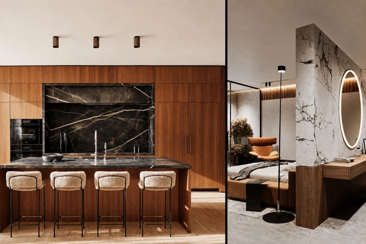 Warm caramel tone interior with curved furniture and organic textures