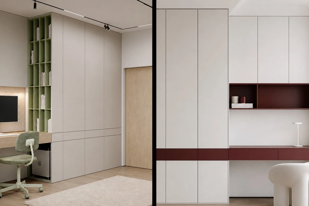 Color-blocked framed cabinet design with contrasting finishes