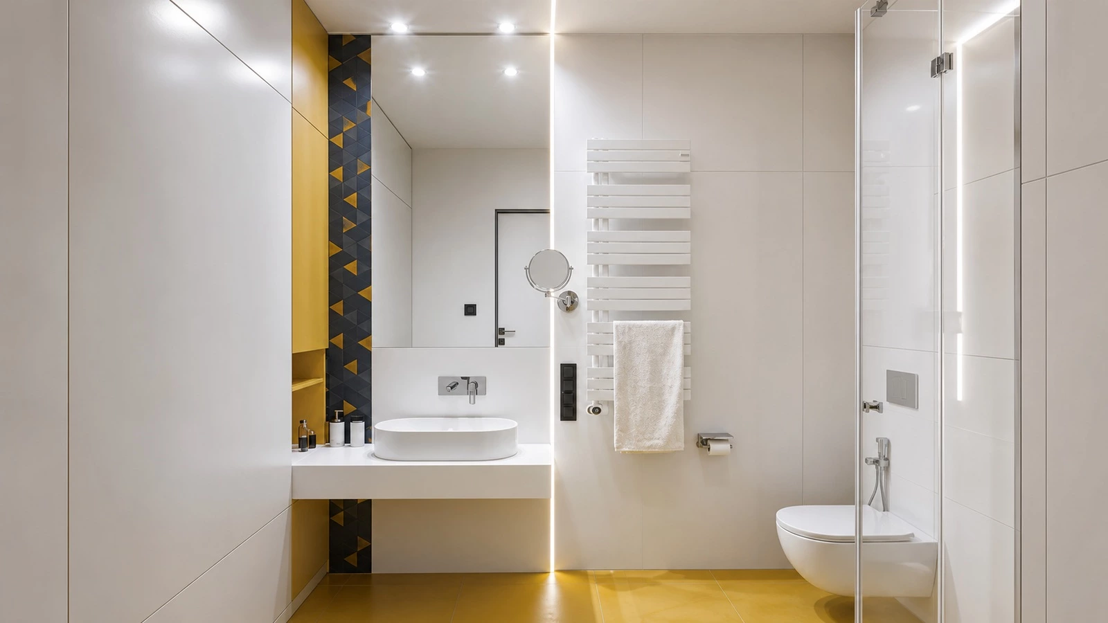 Yellow bathroom cabinetry accent in the New York full house project