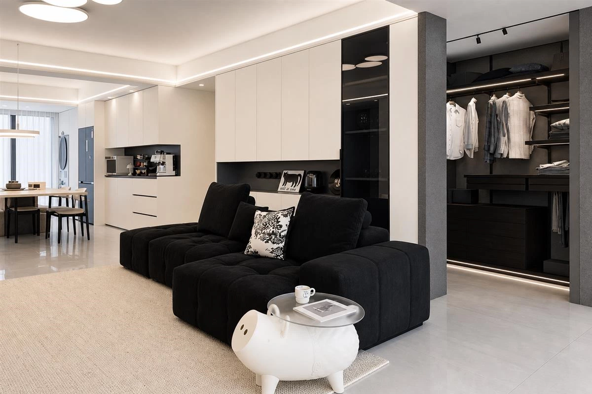 Connected living and dining room storage with custom cabinetry