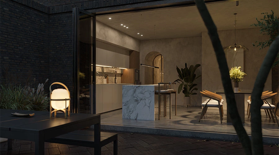 Courtyard Connected Open Kitchen With Island | A Minimal Living Space