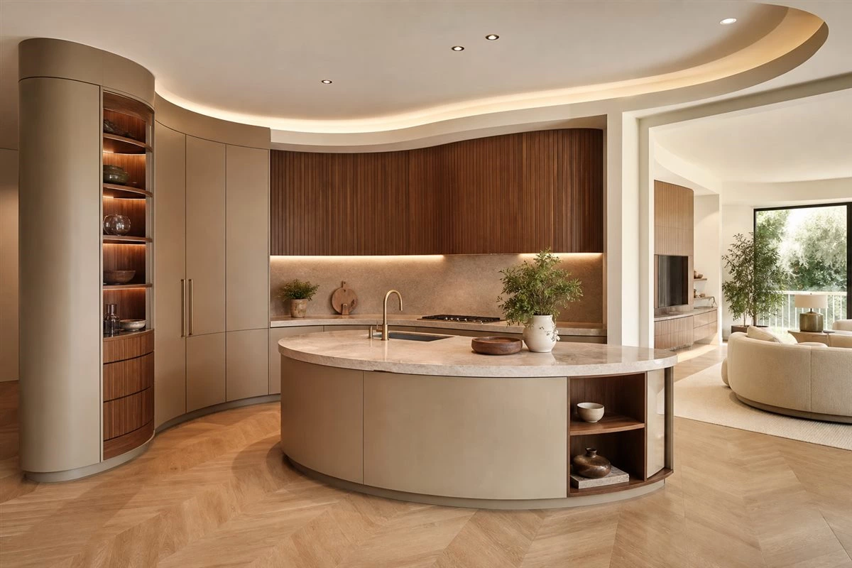 Curved kitchen cabinets with additional wall storage