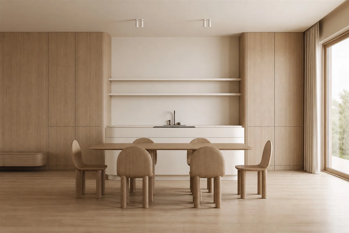 Curved wood furniture creating artistic interior aesthetics