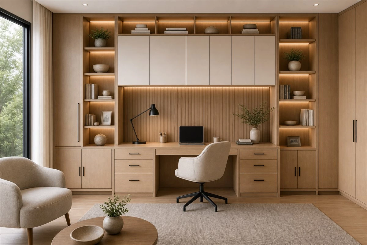 built in custom home office cabinet layout with desk shelves and drawers