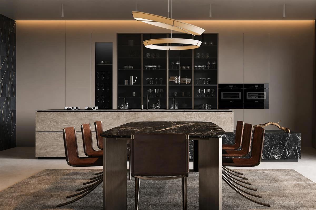Modern custom kitchen cabinet style with coordinated countertop and hardware