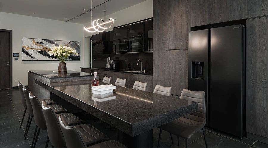 Dark Quartz Kitchen | Modern Wood and Dining Design