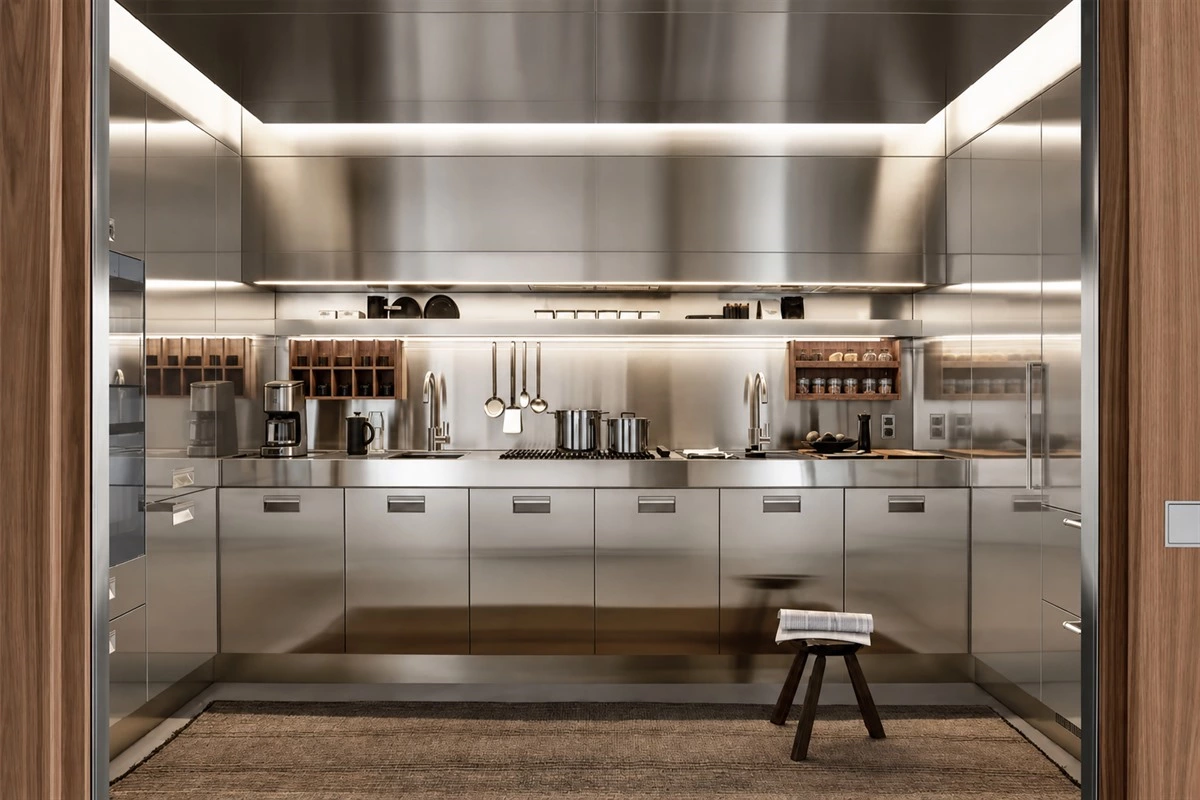 Dual-sink stainless steel kitchen workspace for prep and cleaning