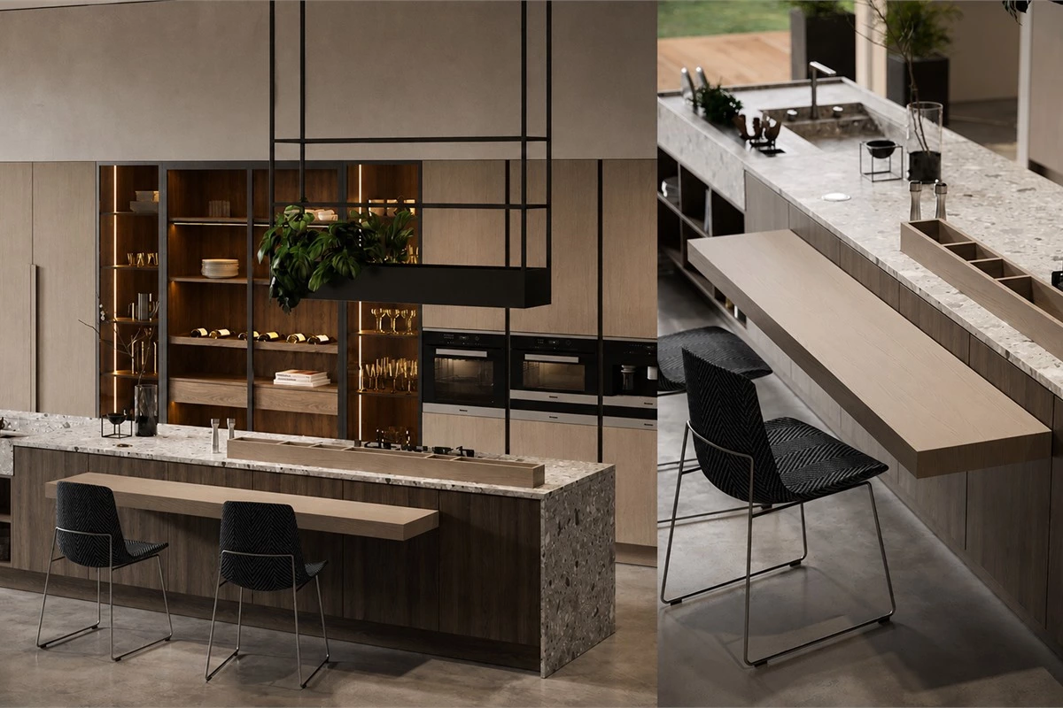 Modern eat-in kitchen with wood bar seating, glass display cabinet and quartz surfaces