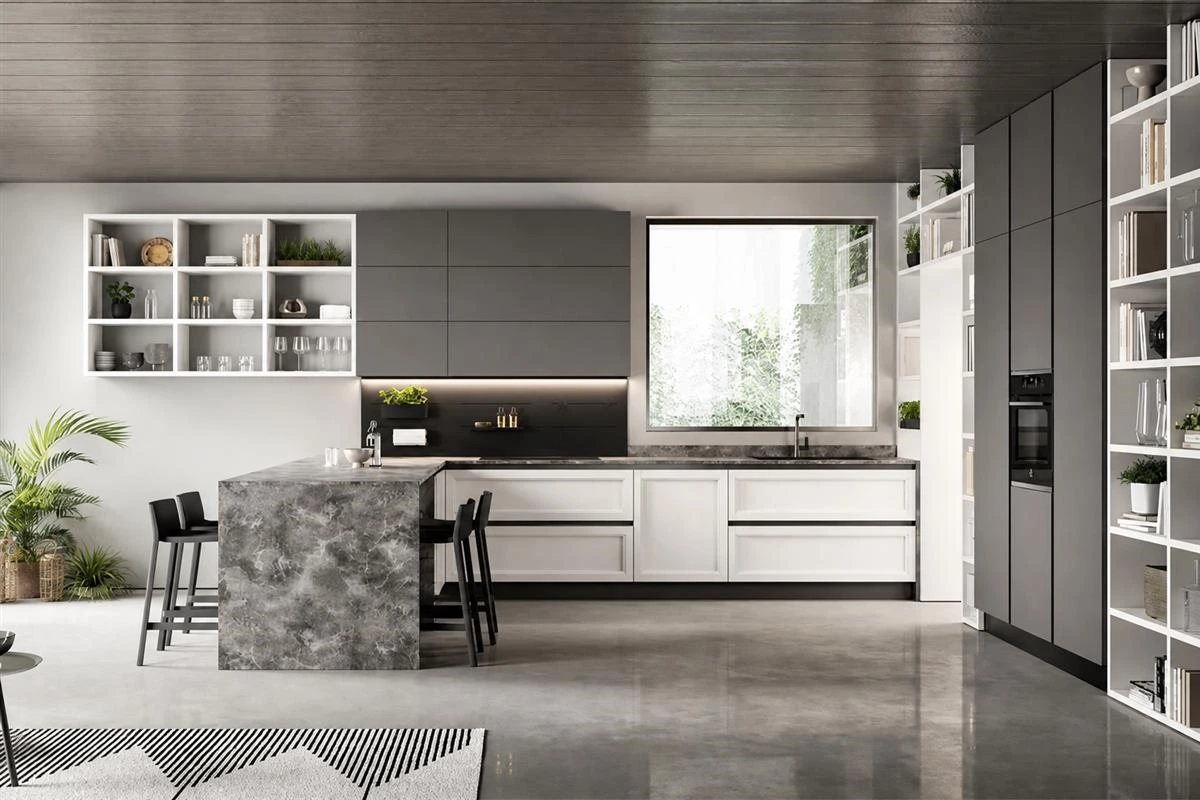 Elegant grey kitchen cabinet finish with modern lighting