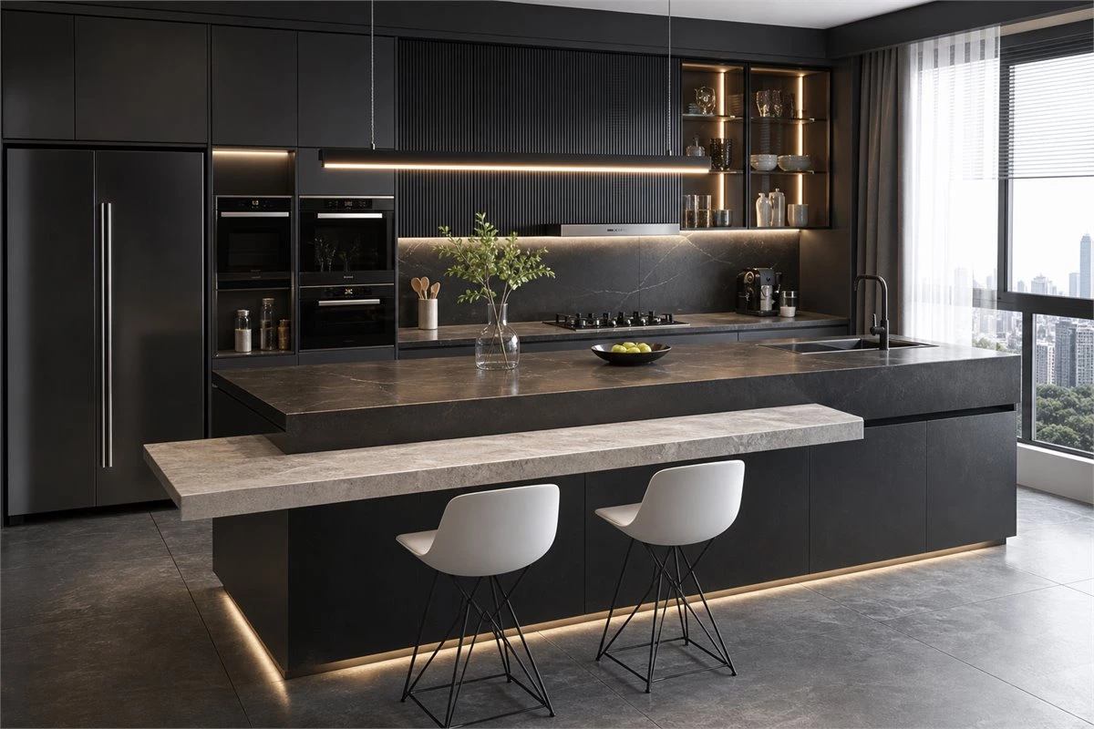 Expanded kitchen island design for dining entertaining and preparation