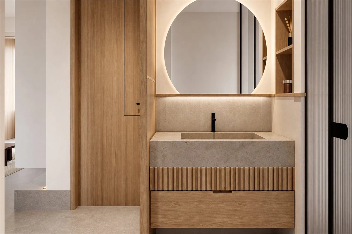 Floating bathroom vanity raised above the floor for easier cleaning