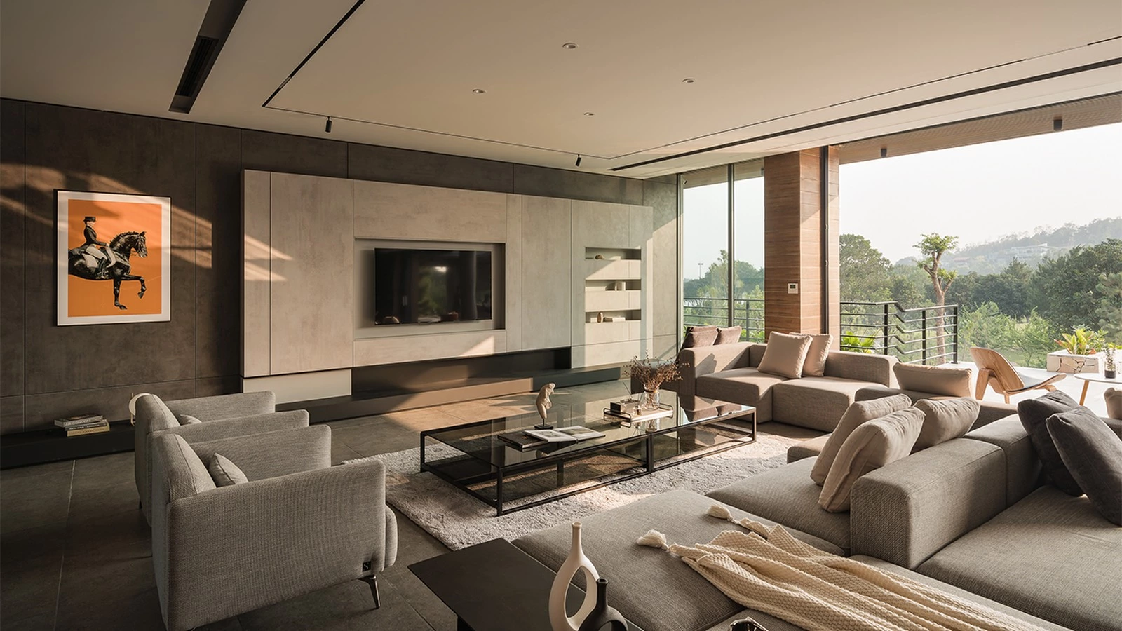 Floating TV wall storage and matte lacquer wall panel detail