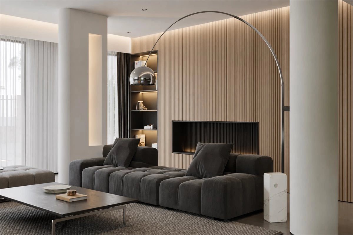 Modern fluted wall panel accent with layered interior lighting